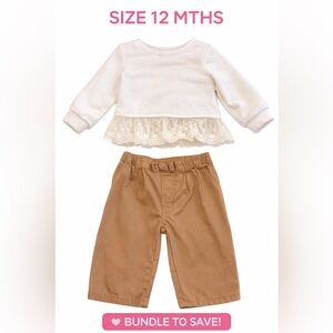 Baby B’gosh & OshKosh Cream Lace Top + Tan Pants Set (9-12M)